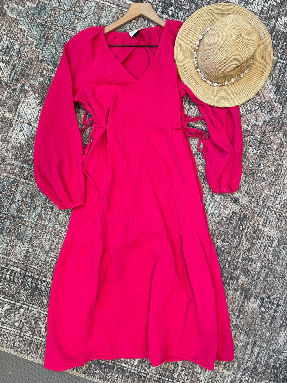 Universal Thread Pink Maxi Dress Size S 100% Cotton Puff Sleeve Tie Detail